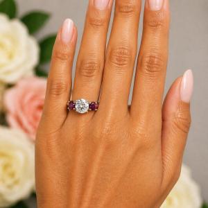 Round-Cut White Topaz & Garnet 3-Stone Ring • 8mm Center, Sterling Silver