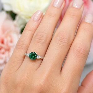 Round-Cut Emerald Green Moissanite 3-Stone Ring • 6mm—8mm, Sterling Silver
