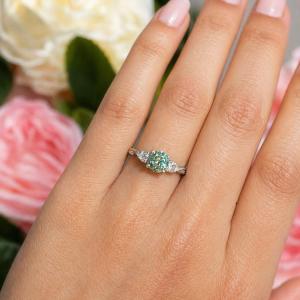 Round-Cut Sea Foam Green Moissanite 3-Stone Ring • 6.5mm, Sterling Silver