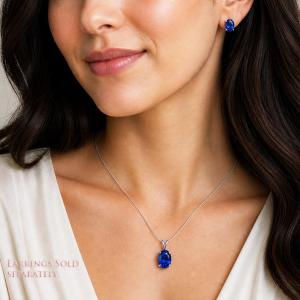 Oval-Cut Lab Blue Sapphire Pendant or Necklace • 8x6mm—14x10mm, Sterling silver