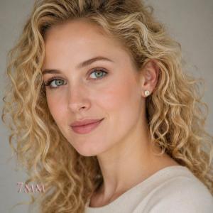 Woman wearing silver four prong basket stud earrings with 7mm light yellow modified Portuguese cut cubic zirconias. Model image for size and styling reference — not a photo of the actual earrings.