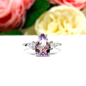 Pear-Cut Rose de France Amethyst & Rainbow Moonstone Ring • 10x7mm, Sterling Silver