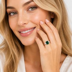 Emerald‑Cut Lab Emerald & CZ 3‑Stone Ring • 9x7mm, Sterling Silver