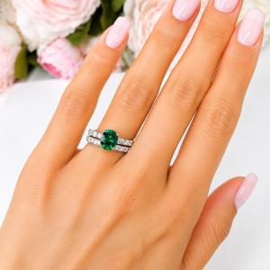 Oval-Cut Lab Emerald & CZ Engagement Ring or Bridal Set • 8x6mm—9x7mm, Sterling Silver