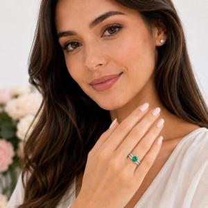 Round-Cut Lab Emerald CZ Engagement Ring or Bridal Set – 6.5–8mm, Sterling Silver