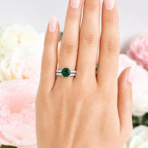 Round-Cut Lab Emerald CZ Engagement Ring or Bridal Set – 6.5–8mm, Sterling Silver