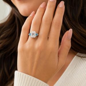Emerald‑Cut Lab White Sapphire & Swiss Blue Topaz 3‑Stone Ring • 11x9mm, Sterling Silver
