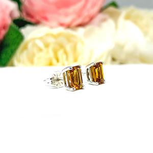 Radiant-Cut Amber-Gold Citrine Stud Earrings • 7x5mm, Sterling Silver