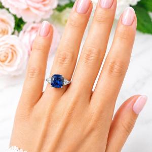 Cushion-Cut Lab Blue Sapphire & Trillion-Cut CZ Ring • 8mm—10mm, Sterling Silver