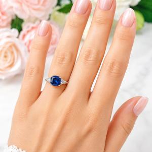 Cushion-Cut Lab Blue Sapphire & Trillion-Cut CZ Ring • 8mm—10mm, Sterling Silver