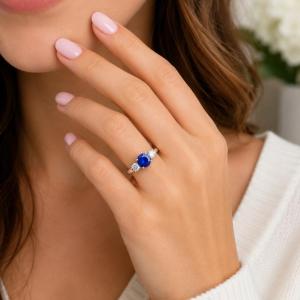 Round-Cut Lab Blue Sapphire & CZ 3-Stone Ring •  6mm—9mm, Sterling Silver