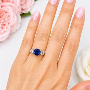 Round-Cut Lab Blue Sapphire & CZ 3-Stone Ring •  6mm—9mm, Sterling Silver