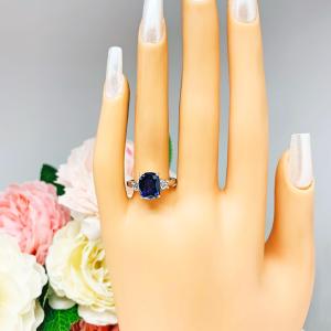 Cushion-Cut Lab Blue Sapphire & CZ 3-Stone Ring • 10x8mm, Sterling Silver