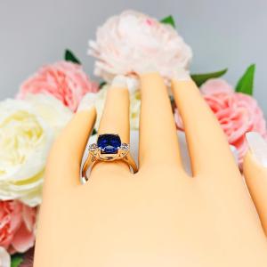 Cushion-Cut Lab Blue Sapphire & CZ 3-Stone Ring • 10x8mm, Sterling Silver