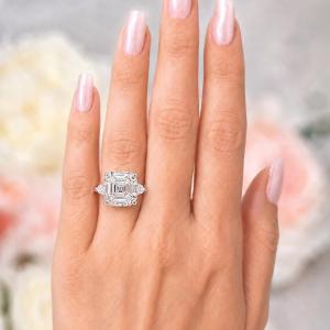 Asscher-Cut CZ 3-Stone Ring • 8mm—11mm, Round Accents, Sterling Silver