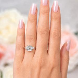 Asscher-Cut CZ 3-Stone Ring • 8mm—11mm, Round Accents, Sterling Silver
