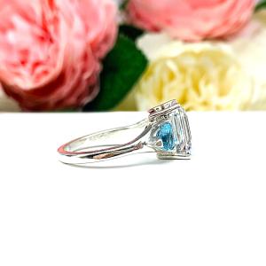 Emerald‑Cut Lab White Sapphire & Swiss Blue Topaz 3‑Stone Ring • 11x9mm, Sterling Silver