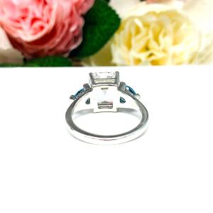 Emerald‑Cut Lab White Sapphire & Swiss Blue Topaz 3‑Stone Ring • 11x9mm, Sterling Silver