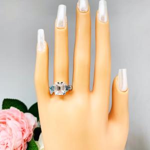 Emerald‑Cut Lab White Sapphire & Swiss Blue Topaz 3‑Stone Ring • 11x9mm, Sterling Silver