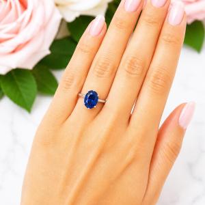 Oval-Cut Lab Blue Sapphire Solitaire Ring • 8x6mm—10x8mm, Sterling Silver, 6-Prong