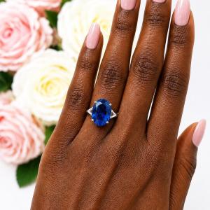 Oval-Cut Lab Blue Sapphire Solitaire Ring • 10x8mm—16x12mm, Sterling Silver