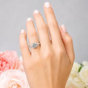 Cushion-Cut CZ 3-Stone Engagement Ring • 8mm, Round Accents, Sterling Silver
