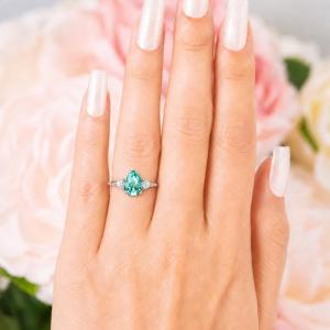 Pear-Cut Sea Foam Green Lab Spinel & CZ Ring • 10x7mm, Sterling Silver