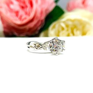 Round-Cut Moissanite Engagement Ring • 6.5mm—8mm, Sterling Silver, Leaf Design