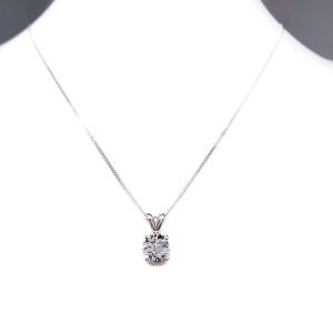Sterling silver necklace featuring a round mixed-brilliant cut lab-created white sapphire pendant in a 4-prong setting, available in five sizes.