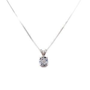Sterling silver necklace featuring a round mixed-brilliant cut lab-created white sapphire pendant in a 4-prong setting, available in five sizes.