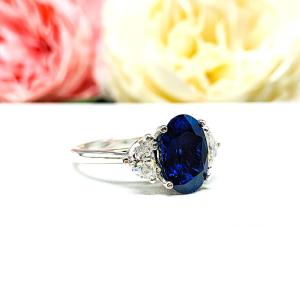 Oval-Cut Lab Blue Sapphire & Half-Moon CZ or Moissanite 3-Stone Ring • 12x8mm, 12x10mm, Sterling Silver
