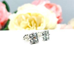 Sterling silver cluster earrings featuring four 3mm round light blue aquamarine gemstones. Displayed against a soft-focus floral background, the earrings sparkle with contrast and elegance.
