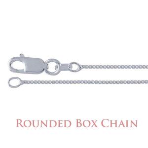 A sterling silver rounded box chain necklace with a lobster clasp. The chain is made of small, square links. The text "ROUNDED BOX CHAIN" is displayed in a pinkish-red font at the bottom of the image.