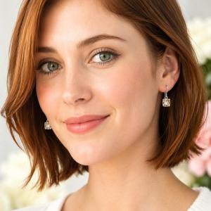 A woman wearing a pair of sterling silver 4-prong dangle earrings with cushion cut champagne cubic zirconia stones. Each dangle is suspended from a thin earwire that comes with a silicone back.
