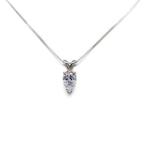 Sterling silver necklace featuring a pear-cut cubic zirconia with brilliant sparkle. The teardrop-shaped stone is inverted, creating a unique and modern look.
