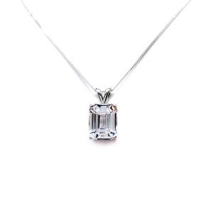 Sterling silver necklace featuring a 12x10mm emerald-cut lab-created white sapphire pendant in a 4-prong setting.