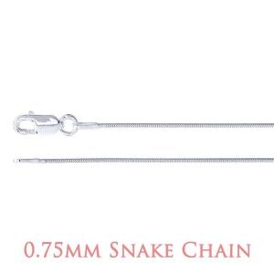 A close-up image of a sterling silver chain with a lobster clasp closure. The chain features a seamed snake design, characterized by tightly interlocked curved metal plates that create a smooth, flexible, and fluid appearance. The surface is highly polished, giving it a mirror-like shine and a sleek, continuous texture. At the bottom of the image, text in a soft rose-colored font reads “0.75mm Snake Chain.”