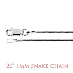 A close-up image of a sterling silver chain with a lobster clasp closure. The chain features a seamed snake design, characterized by tightly interlocked curved metal plates that create a smooth, flexible, and fluid appearance. The surface is highly polished, giving it a mirror-like shine and a sleek, continuous texture. At the bottom of the image, text in a soft rose-colored font reads “20" 1mm Snake Chain.”