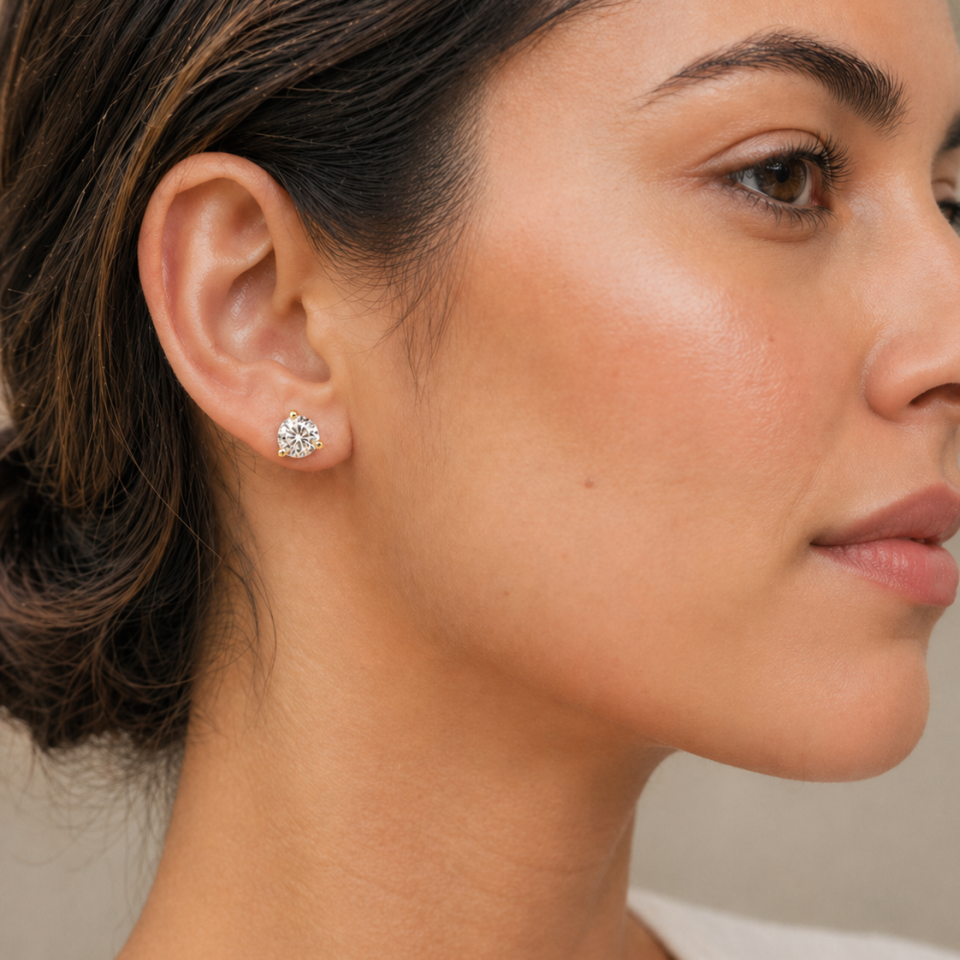 Round-Cut Moissanite Martini Stud Earrings • 6mm—7mm, 14k Rose Gold