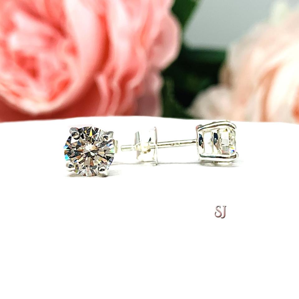 Round Near Colorless CZ Basket Sterling Silver Stud Earrings