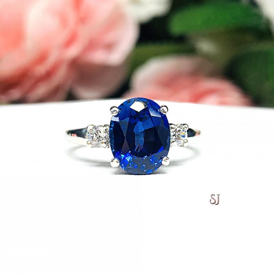 Lab Blue Sapphire Oval, CZ Accents Ring