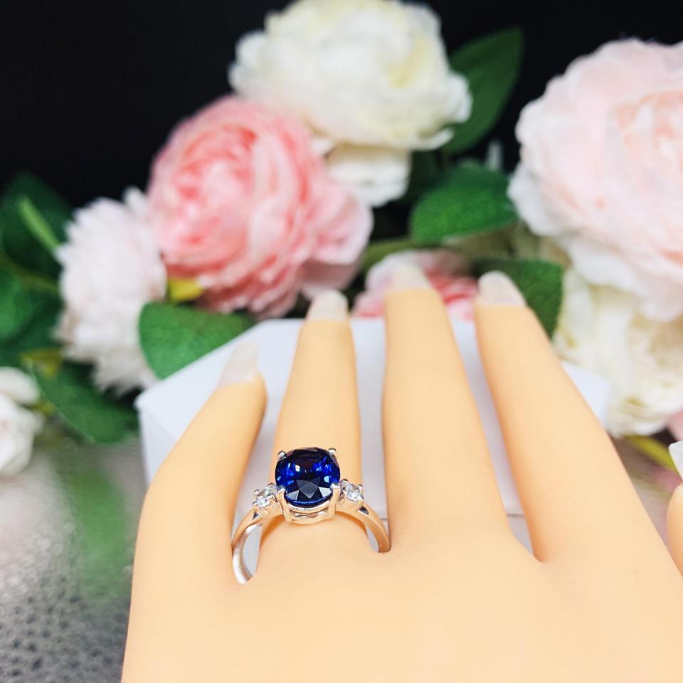 Lab Blue Sapphire Oval, CZ Accents Ring