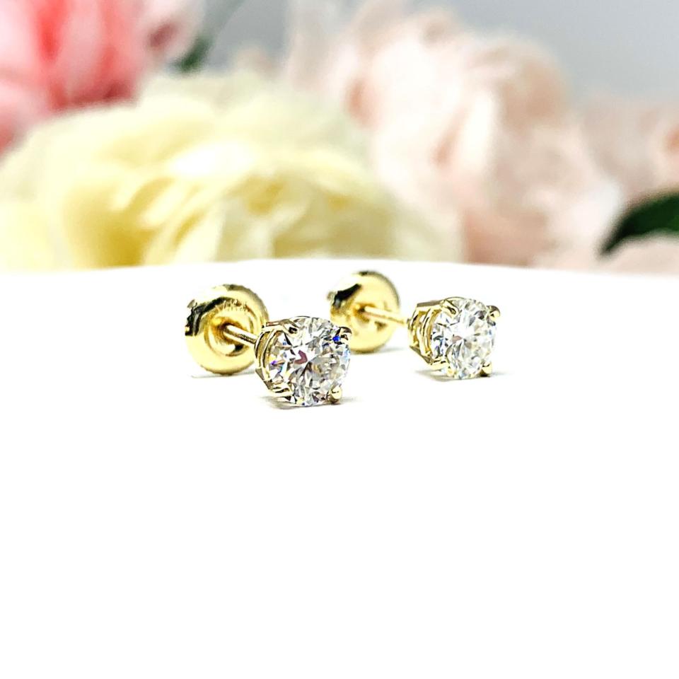 Moissanite 14k Gold Stud Earrings - Authentic round moissanites - Solid gold screw back settings - FREE 3RD DAY UPS