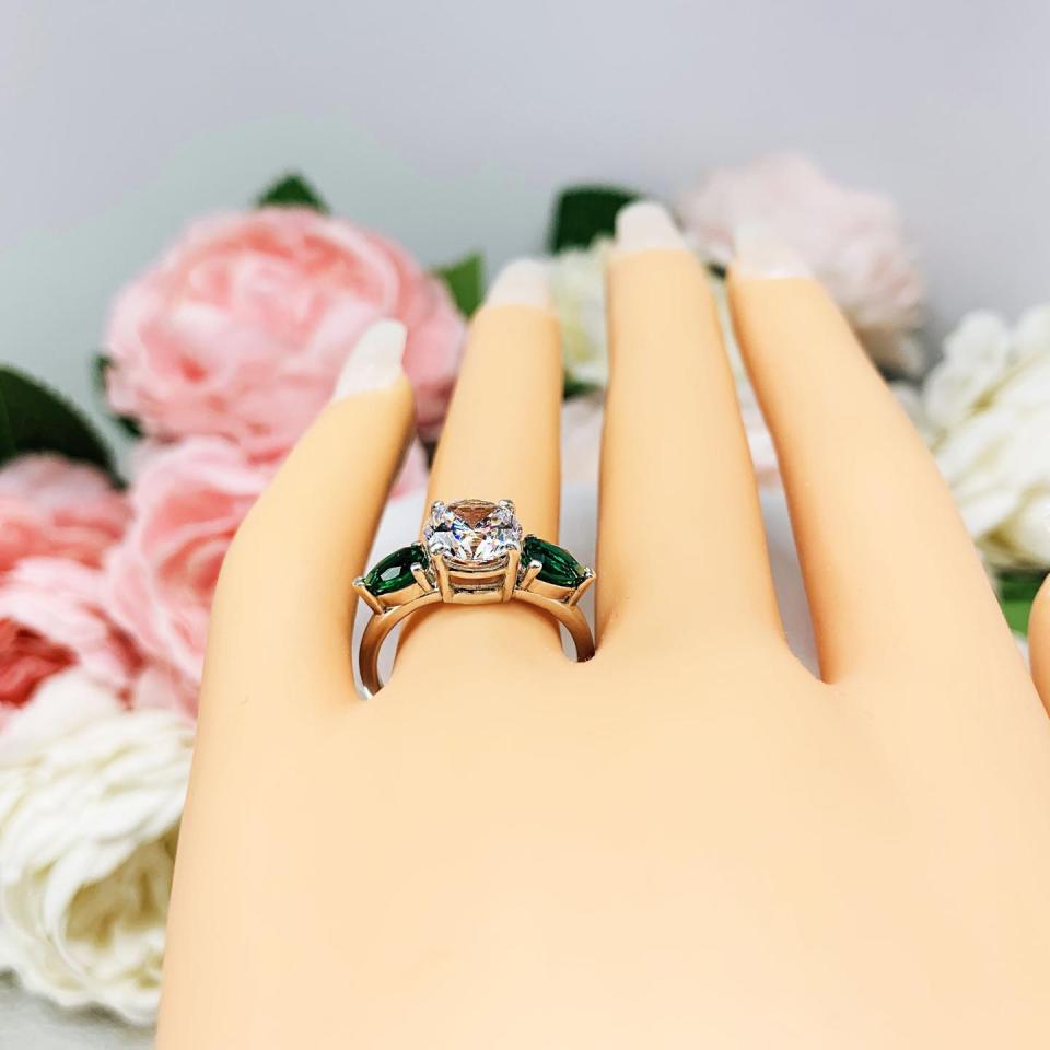 Round CZ Lab Emerald 3 Stone Engagement Ring - Pear Side Stones - Sterling Silver