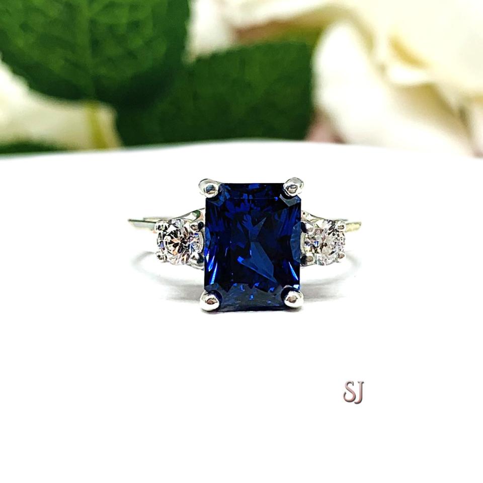 Lab Blue Sapphire Radiant Ring with Round CZ Accents Size 7