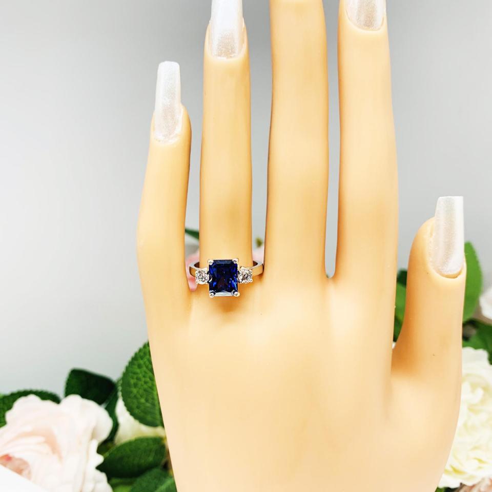 Lab Blue Sapphire Radiant Ring with Round CZ Accents Size 7
