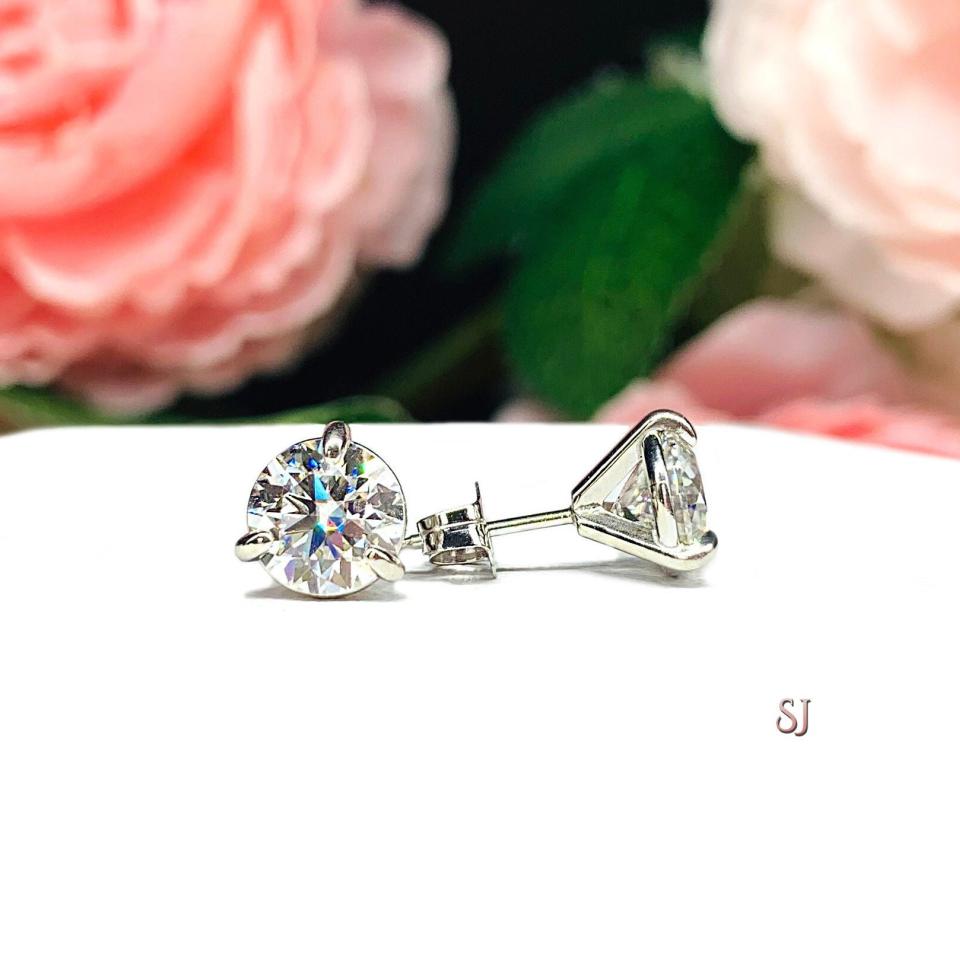 Moissanite Martini 14k White Gold Stud Earrings -  Authentic round moissanite - Solid gold settings - FREE 3RD DAY UPS