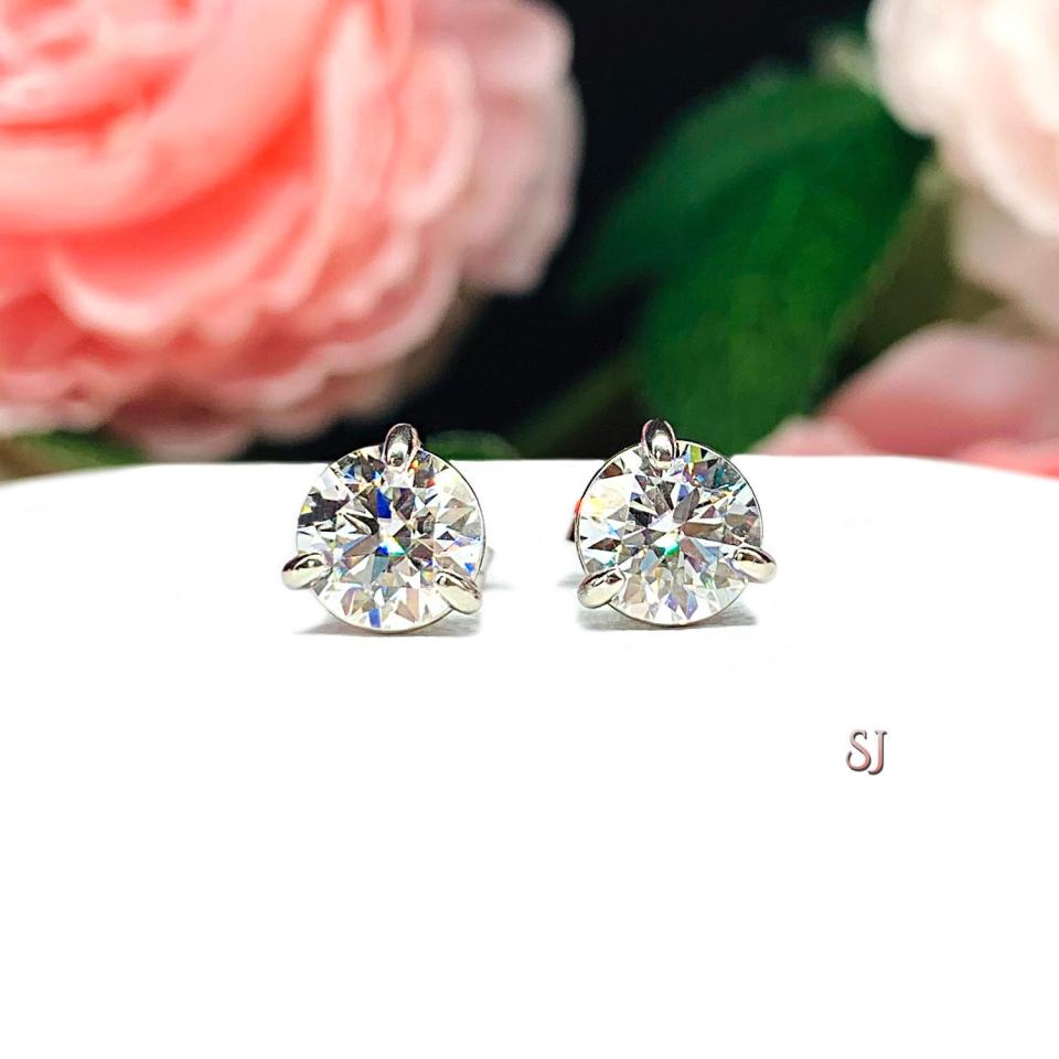 Moissanite Martini 14k White Gold Stud Earrings -  Authentic round moissanite - Solid gold settings - FREE 3RD DAY UPS