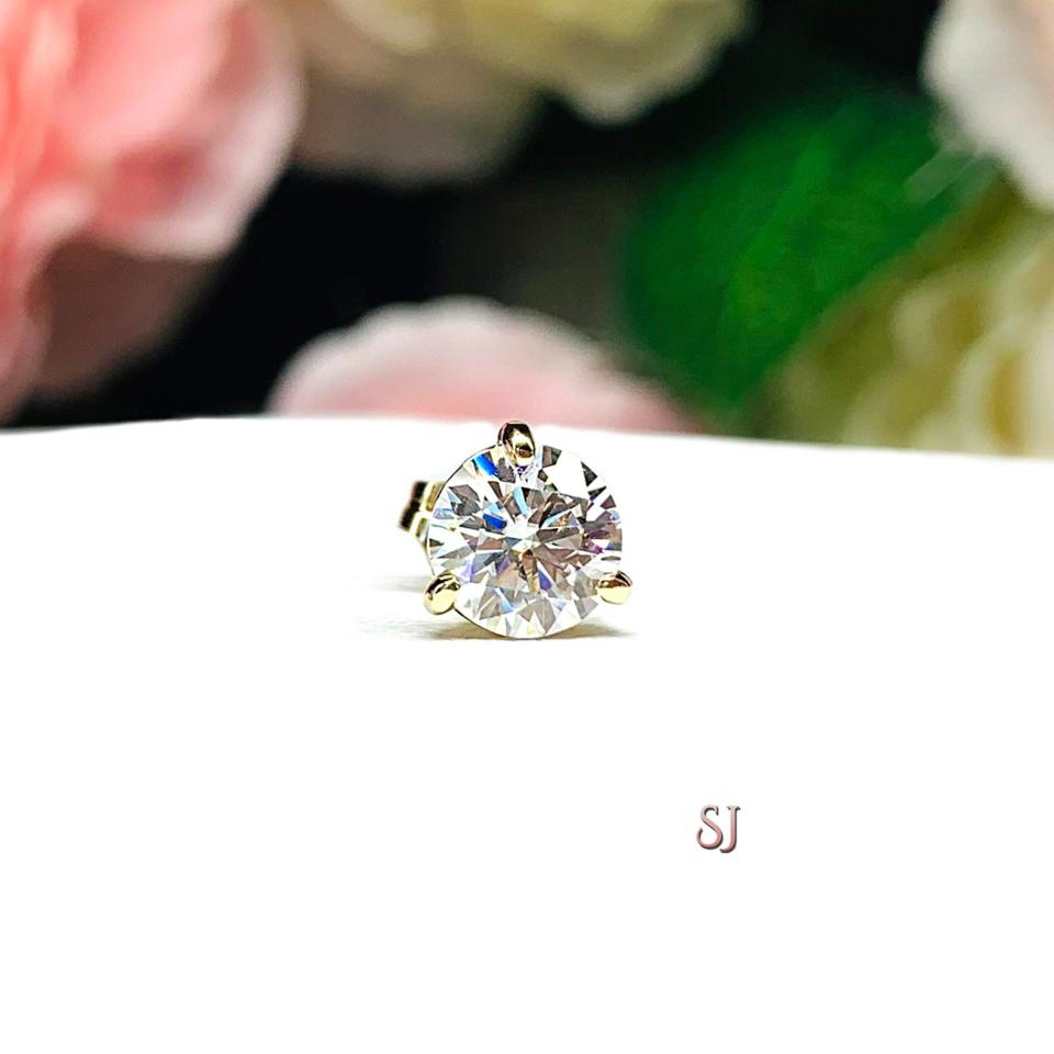14k Gold Moissanite Martini Stud Earring – Single Stud in Five Size Options - Round brilliant DEF VVS lab stones