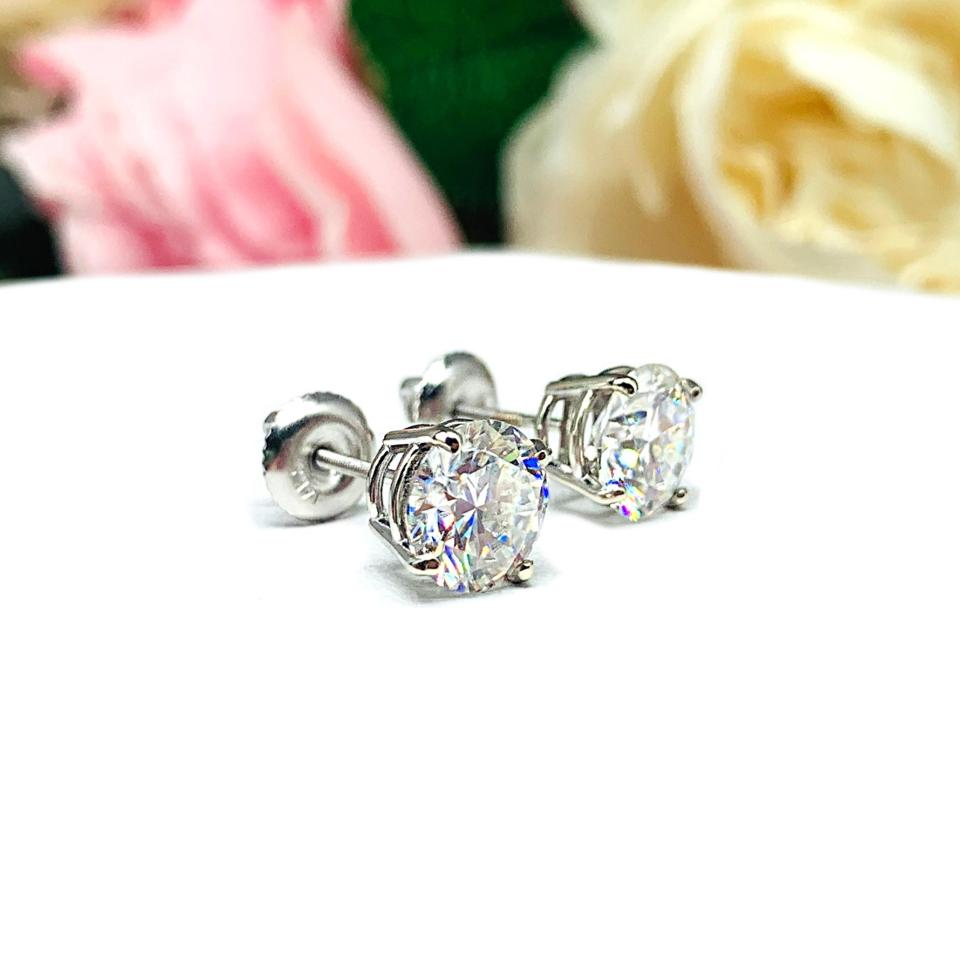 Moissanite 14k Gold Stud Earrings - Authentic round moissanites - Solid gold screw back settings - FREE 3RD DAY UPS